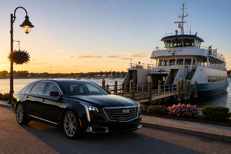 Bay Shore Ferry Car Service by Raja Limousine Black luxury sedan at Bay Shore Ferry Terminal for private Fire Island transportation