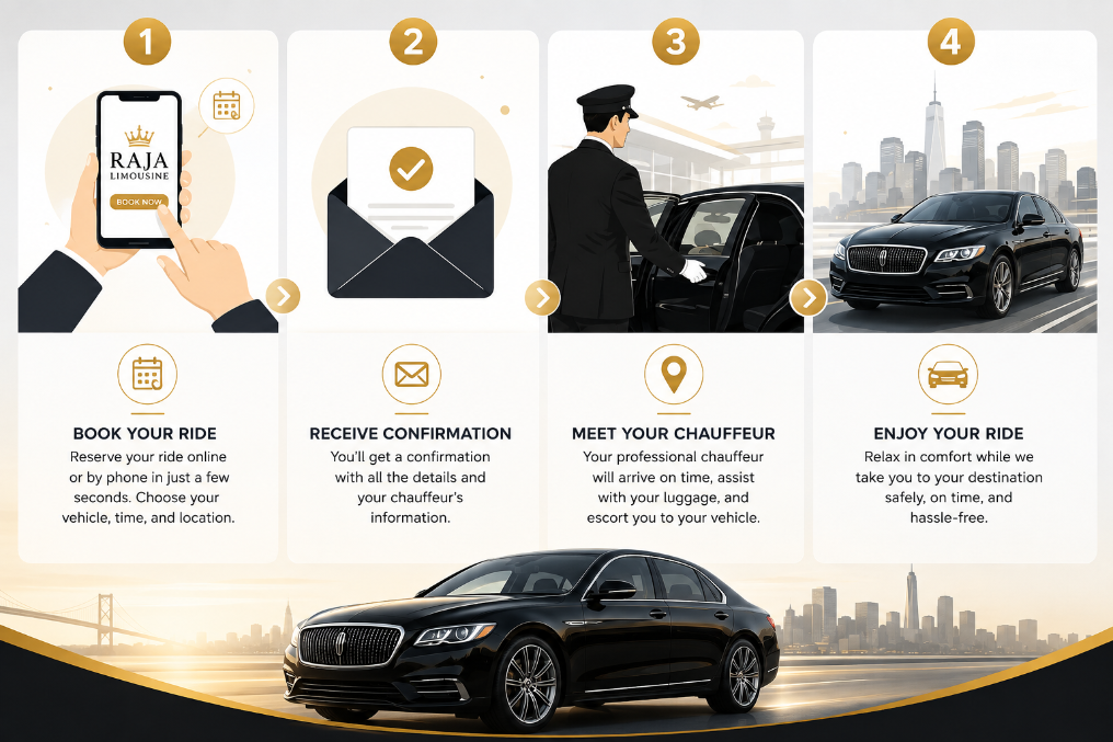 Raja Limousine How It Works – book your ride, receive confirmation, meet your professional chauffeur, and enjoy luxury car service in Long Island and New York.