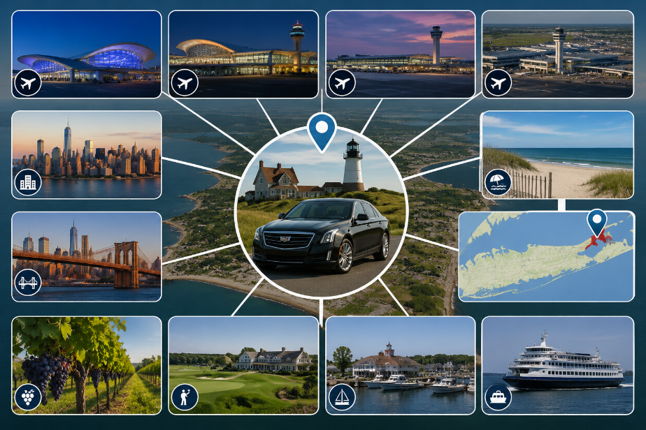 Luxury Cadillac sedan and Chevrolet Suburban providing Southold Airport Transportation with private transfers to JFK, LaGuardia, Newark, Long Island MacArthur Airport, and the North Fork of Long Island.