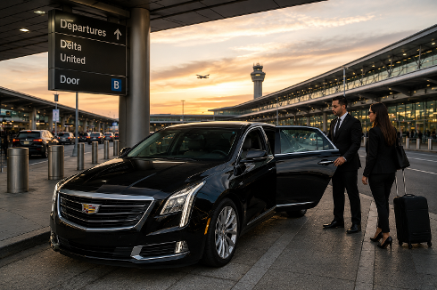Two executive black sedans parked for Southold Airport Car Service with professional chauffeur transportation to JFK, LaGuardia, and Newark Airport.